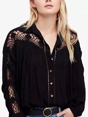 Free People Katie Bird Lace-Inset Buttondown Shirt – Black – Size Medium